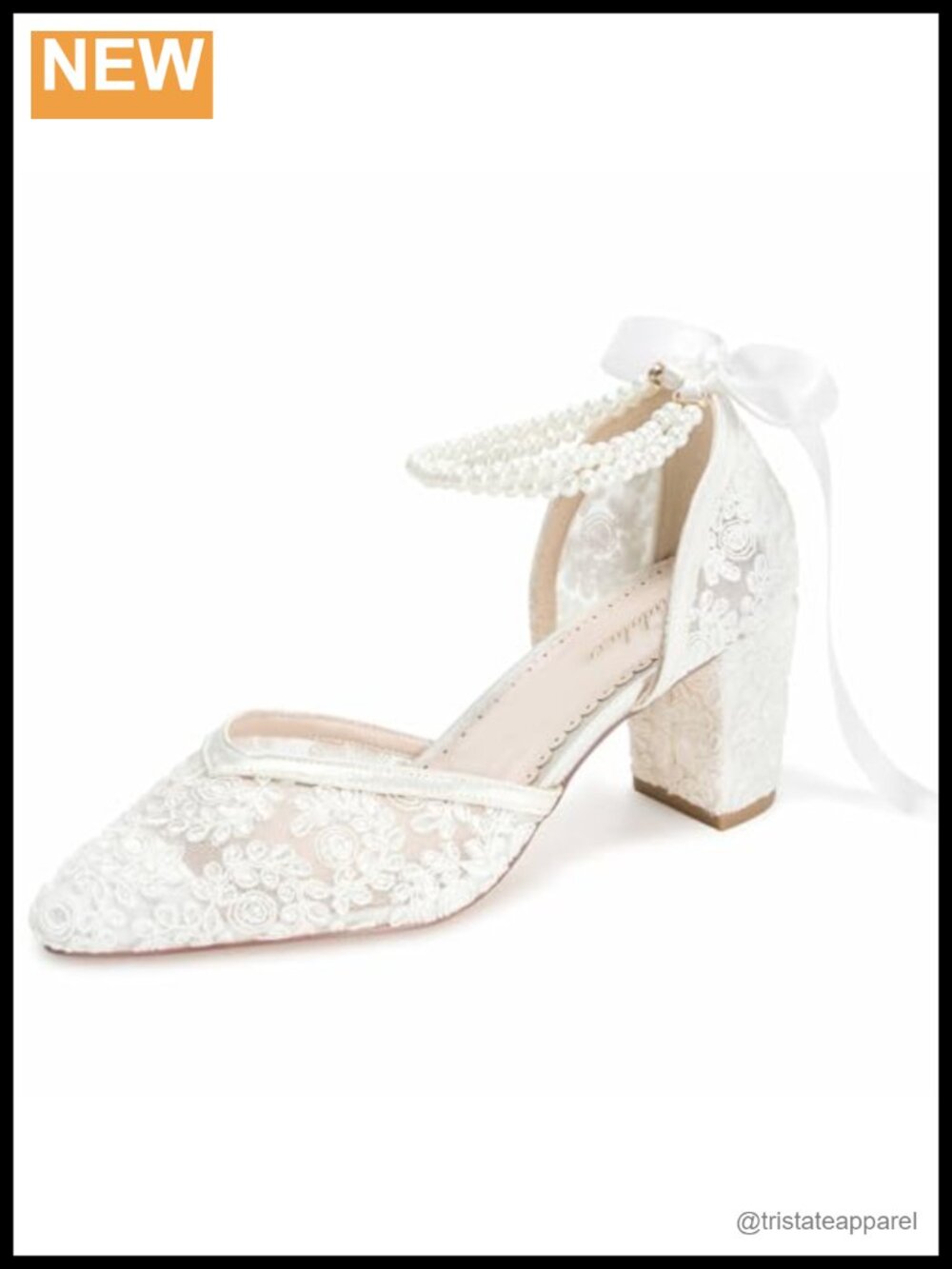 Bridaluxe Women's Lace Pearl Bow Ankle Strap Block Heel Pump Wedding Shoe